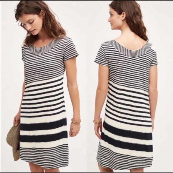 Maeve ANTHROPOLOGIE | Black & White Asymmetrical Striped Knee Length Dress - Picture 1 of 9